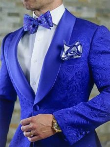 Suits Yeni Varış Kraliyet Mavi Çiçek Erkek Düğün için Takım Eşit Son Tasarımlar Damat Smokin Şal Kapu Erkek Sağdı Erkek Sağdı En İyi Adam Blazer