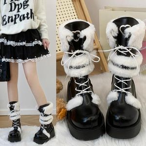 Botlar Kürklü Kadın Lolita Ayakkabı Kış 2024 Platform Topuklu Kama Kadın Orta Buzağı Kökusu Gotik Kawaii JK Cosplay Japon Stil