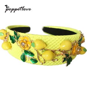 Модная повязка на голову в стиле барокко с милым желтым лимонным цветком и зелеными листьями для женщин, роскошные винтажные широкие аксессуары для волос, ювелирные изделия 2237s