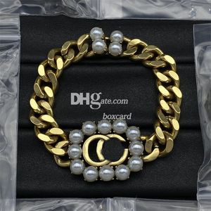 Pulseiras de pérolas de metal dourado com caixa feminina letras duplas pulseira banhada a ouro 18K joias da moda