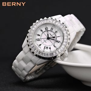 BERNY белые керамические женские часы водонепроницаемые роскошные японские кварцевые relogio feminino подарок на Рождество, Новый год 2316L239l