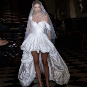 Yüksek/Düşük Tafta Gelinlik Tweetheart Pleat Ön Kısa Sırt Uzun Gelin Elbise Kayışları Gelin Resmi Düğün Elbise Robe De Mariee