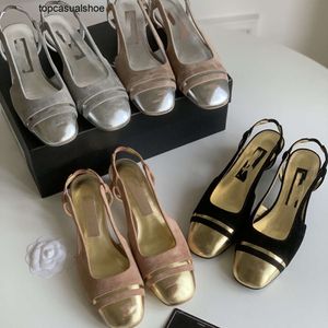 Chanelity Slingbacks Sandal Bayan Klasik Keçi Hakkında Bej Bej Blok Topuklu Pompa Ayakkabı Vintage Chan Interlocking C Mary Jane 2024