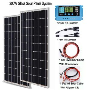Painéis solares solares 100w 200w kit de vidro solares monocristalino 36pcs célula solar 12v 24v sistema solar de carga da bateria para casa