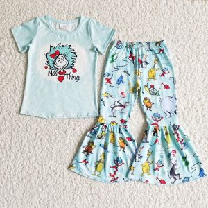 Комплекты оптом Miss Thing для маленьких девочек, новая одежда с котом, синяя рубашка, брюки-колокольчики, бутиковая одежда для младенцев, весенняя одежда для малышей