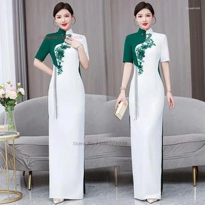 Etnik Giyim 2024 Oryantal Geliştirilmiş Qipao Çin Ulusal Çiçek Nakış Halk Elbisesi Cheongsam Zarif Akşam Partisi Vestido