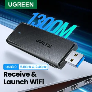 Карты Ugreen Wi -Fi Adapter AC1300MBPS 5.8G2.4G Wi -Fi USB для ПК настольный ноутбук Windows Linux WiFi антенна USB3.0 Ethernet Network Card