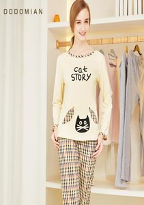 Весенний женский пижамный комплект, хлопковая ночная рубашка, женский нижний костюм, повседневные топы, брюки, пижама с котом, брюки в клетку MXL1885770
