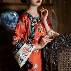 Etnik Giyim Çin Qing Hanedanlığı Pelerin Qipao Kırmızı Hanfu Cheongsam Elbise Çin Taklit Nakış Kostümleri Kadın Oryantal Elbiseleri