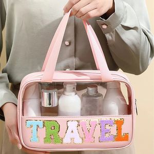 Prefabricated transparent travel makeup bag with Chenille letters STUFF patch large transparent makeup bag zippered bag with handle 240228