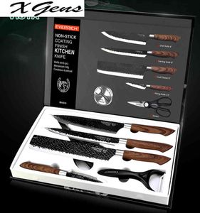 Mutfak bıçakları set şef bıçaklar 6 set paslanmaz çelik dövme mutfak bıçakları makas soyucu şef dilimleyici paring bıçak hediye case8333111
