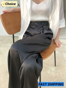 Kadın Kotları 2023 Ucuz Satış İpek Satin Kadın Pantolon Yüksek Bel Sıradan Siyah Kore Moda Geniş Bacak Takım Pantolon Kadınlar için Pantolon
