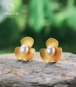 Lotus Fun Real 925 Sterlling Gümüş Doğal İnci Küpe Güzel Takılar 18K Altın Yonca Çiçek Sapı Kadınlar için Brincos 2201083072233