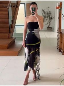 Сексуальное тюлевое облегающее платье-топ для женщин с принтом, корсетные платья с открытыми плечами, летние асимметричные длинные платья с открытой спиной и рюшами 240219
