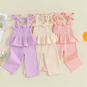Giyim Setleri 0-3y Sıradan Bebek Kız Yaz Pamuk Kıyafetleri Düz Renkli Kolsuz Fırfır Kamaruk Kaşakık Pantolon Pantolon Çocuk Giysileri Seti 2 PCS