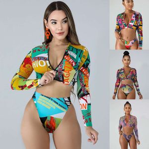 2024 Nuovo costume da bagno da spiaggia conservatore con protezione solare diviso da donna a vita alta con cerniera a maniche lunghe