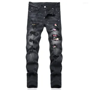 Erkek kot pantolon kristal siyah denim çok renkli yamalar patchwork streç pantolon delikleri yırtık ince konik pantolon
