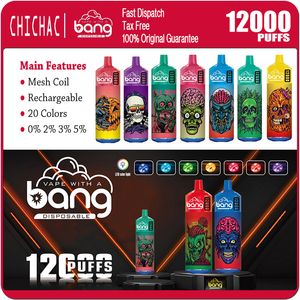 Bang 12000 Puffs Одноразовый Vape Pen Puff 12K Перезаряжаемая сетчатая катушка Vaper 20 вкусов Аутентичные электронные сигареты Bangvapes Kit 0% 2% 3% 5%