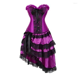 Юбки женские готические бурлеск корсет платье фиолетовый атласный на шнуровке бюстье корсет юбка комплект костюм для вечеринки