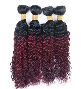 Кудрявые вьющиеся 4 пучка T 1B 99J Ombre Темно-винно-красный двухцветный цвет Дешевые бразильские девственные человеческие волосы Плетение 4 пучка Extension9437300
