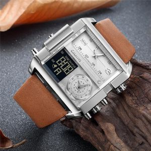 Наручные часы Oulm, светодиодные цифровые часы с большим циферблатом, мужские кварцевые часы с тремя часовыми поясами, двойной дисплей, мужские спортивные кожаные наручные часы246q