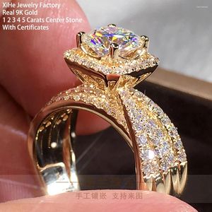 Küme halkaları gerçek 9k katı altın kadınlar evlilik yıldönümü nişan parti yüzüğü 0.5 1 2 3 4 5 ct yuvarlak moissanit elmas taç trendy