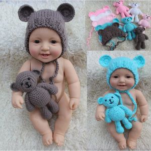 Conjuntos de fotografia roupas recém-nascidos chapéu boneca lã urso earmuffs chapéu bebê foto brinquedo de lã atacado