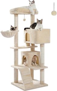 Дорожное кошачье дерево PAWZ с очень большим верхним насестом, 56,3-дюймовая башня для кошек для больших кошек с плюшевым гамаком, полками для кошек и свисающим помпоном, когтеточками для кошек и 2 домиками для квартир.