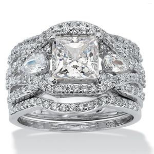 Anéis de cluster vintage 3-em-1 laboratório anel de diamante conjunto 14k festa de ouro branco banda de casamento para mulheres nupcial aniversário jóias presente