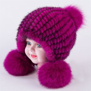 Top Caps Varış Kış şapkası için kız bebek çocuk çocuğu gerçek vizon kürk kapağı ile büyük pompom moda sıcak örgü şapkası h30 230831