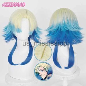 Cosplay perukları mavi kilit michael kaiser cosplay peruk sarı mavi gradyan peruk cosplay anime cosplay peruklar ısıya dayanıklı sentetik peruklar x0901