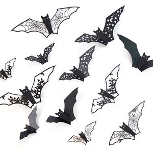 Другие мероприятия поставляют 96pcs Mini Halloween 3D Hollow Bat Stall Stickers Black Bat Stickment Decor Party DIY DIY DIY Хэллоуин ужасные летучие мыши Съемные 230831