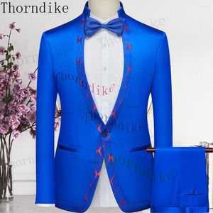 Erkekler Suits Thorndike 2023 Varış Mavi Baskılı Lüks Adam Düğün Ceket Pantolon için Kravat Damat Doğum Günü Partisi