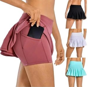 LL-008 Tennis Skirts Pleated Yoga Skirt Gym Clothes Women Running Fitness Golf Pants Shorts Sports Back Waist Pocket Zipper