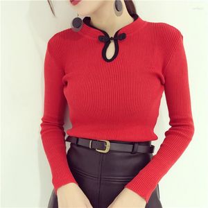 Kadın Sweaters Tasarımı Retro Stand Yakası Çin Cheongsam tarzı iplik örgü uzun kollu ince bel kazak gömlek üstleri