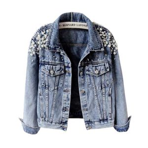 Casaco designer feminino outono primavera mulher casacos básicos mulheres jaqueta jeans pérolas miçangas moda jeans casaco solto manga longa jaquetas