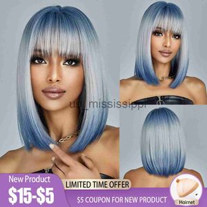 Cosplay perukları ombre mavi sarışın gri kül lolita bob sentetik peruk kadınlar için patlama ile orta uzun düz cosplay saç peruk ısıya dayanıklı x0901