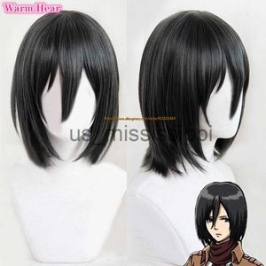 Cosplay perukları Mikasa Ackerman Siyah 35cm Kısa Bob Cosplay Wig Anime Saldırısı
