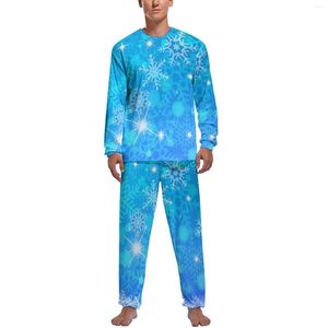Erkekler pijama ışıltı kar tanesi pijamalar erkek mavi baskı güzel ev takım elbise sonbahar uzun kolu iki parçalı rahat tasarım seti