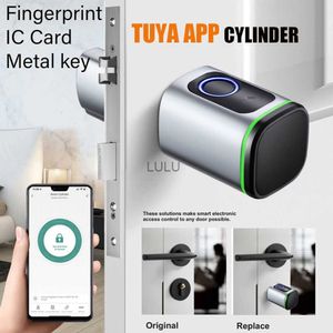 Дверные замки Цифровое приложение Tuya без ключа Bluetooth Отпечаток пальца Fob Ic Card Металлический ключ Электрический умный цилиндр замка европейского профиля для входной двери HKD230902