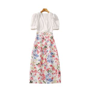 Осеннее белое цветочное печатное печатное платье с коротким рукавом с коротким рукавом MIDI повседневные платья S3Q270726 Плюс размер XXL