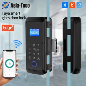 Kapı Kilitleri Tuya Bluetooth Parmak İzi Ofis Mağazası için Akıllı Kilit Ahşap Cam Sürgülü Kapı Parmak İzi RFID 13.56MHz Kart Şifre Kilidi HKD230902