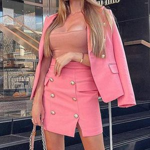 Women's Suits Long Sleeve Blazer For Casual Solid Pink Button Coat High Waist Skirts Jacket Cardigan Chic Office Lady Suit