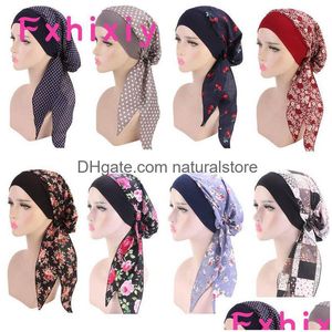 BANDANAS DURAG Müslüman Kadınlar Baskı Pamuk Türban Şapkası Baş Kurulu Önceden Bağlanmış Kanser Kemo Kenoz Headwrap Kapakları 230313 Damla Teslimat Fash DHC1V