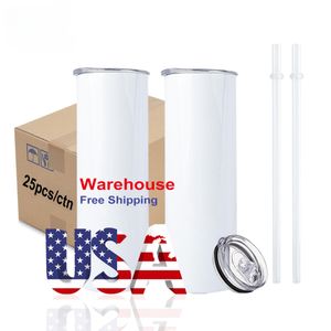 USA CAN Warehouse Doppelwandige isolierte 20oz gerade weiße leere Sublimationsbecher Thermos-Wasserflaschen Tassen mit Plastikstrohhalm Sep04