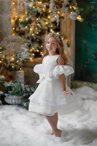 Kız Elbise Çiçek Elbise Beyaz Kabarcık Kısa Kollu Yay Kemeri Düğün Sevimli Küçük Çocuk İlk Eucharist Kutlama Partisi