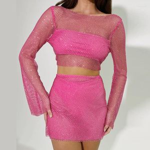 Çalışma Elbiseleri 2023 Seksi Babes Moda Uzun Kollu Mesh Top Sequin T-Shirt Kalça Etek Takım Partisi Bayanlar Lüks Kulübü