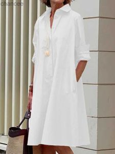 Базовые повседневные платья Женские белые платья Корейские модные платья с длинными рукавами Твердые повседневные свободные платья-рубашки с воротником Хлопково-льняная одежда для женщин LST230904