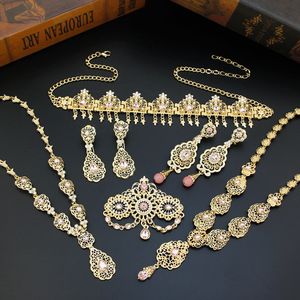 Charme Pulseiras Sunspicems Cor de Ouro Marrocos Noiva Jóias Conjunto Hairchain Colar Brinco Broche Árabe Casamento Bijoux Hollowed Designs 230901