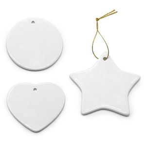 Toptan süblimasyon Boş süs beyaz seramik 3 inç yuvarlak kalp yıldız ağacı porselen kolye Noel için altın ip ile